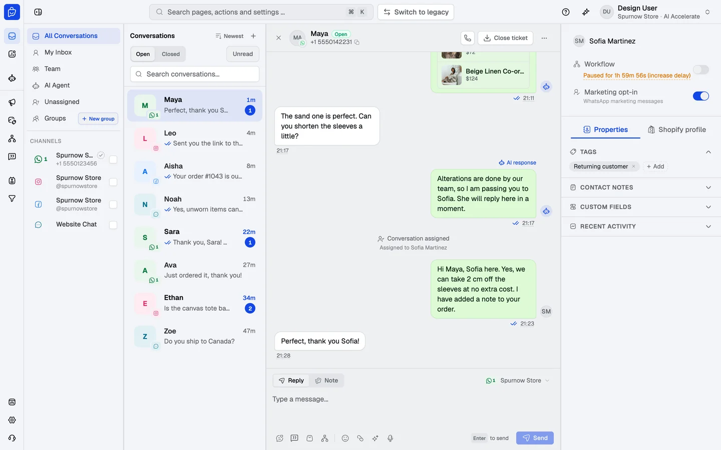 Shared inbox: WhatsApp, Instagram, Messenger and live chat in one inbox. Here the AI agent hands a chat to a teammate.